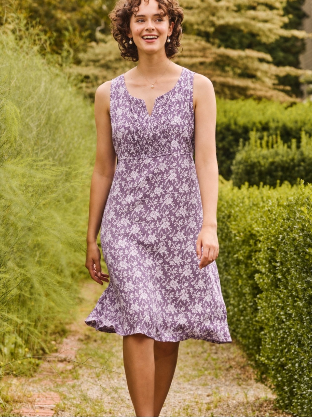 April Cornell Lilac & White Ditsy Floral Cottagecore Cotton Pullover Midi Dress